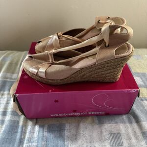 Gold Peep Toe Espadrille Wedge Sandals Ribbon Tie Platform Women's Sz 9.5